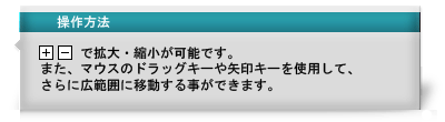 「＋」「－」で拡大・縮小が可能です。また、マウスのドラッグキーや矢印キーを使用して、さらに広範囲に移動することができます。